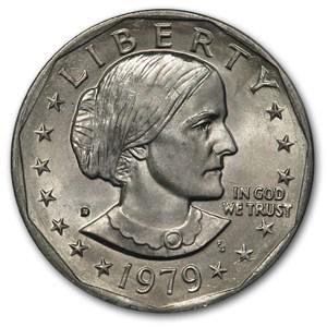 1979-D Susan B. Anthony Dollar BU: 1979-D Susan B. Anthony Dollar BU Product ID: 5059 Year: 1979 Grade: Brilliant Unc Grade Service: None Denomination: $1.00 Mint Mark: D - Denver Metal Content: 0 troy oz Purity: