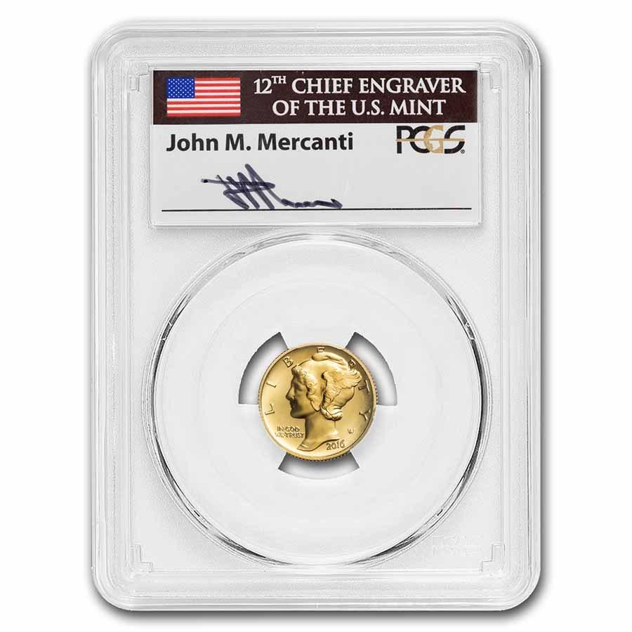 2016-W 1/10 oz Gold Mercury Dime SP-70 PCGS (FDI): 2016-W 1/10 oz Gold Mercury Dime SP-70 PCGS (FDI) Product ID: 243744 Year: 2016 Grade: SP - 70 Grade Service: PCGS Denomination: 10 Cents Mint Mark: W - West Point Metal Content: 0.1 troy