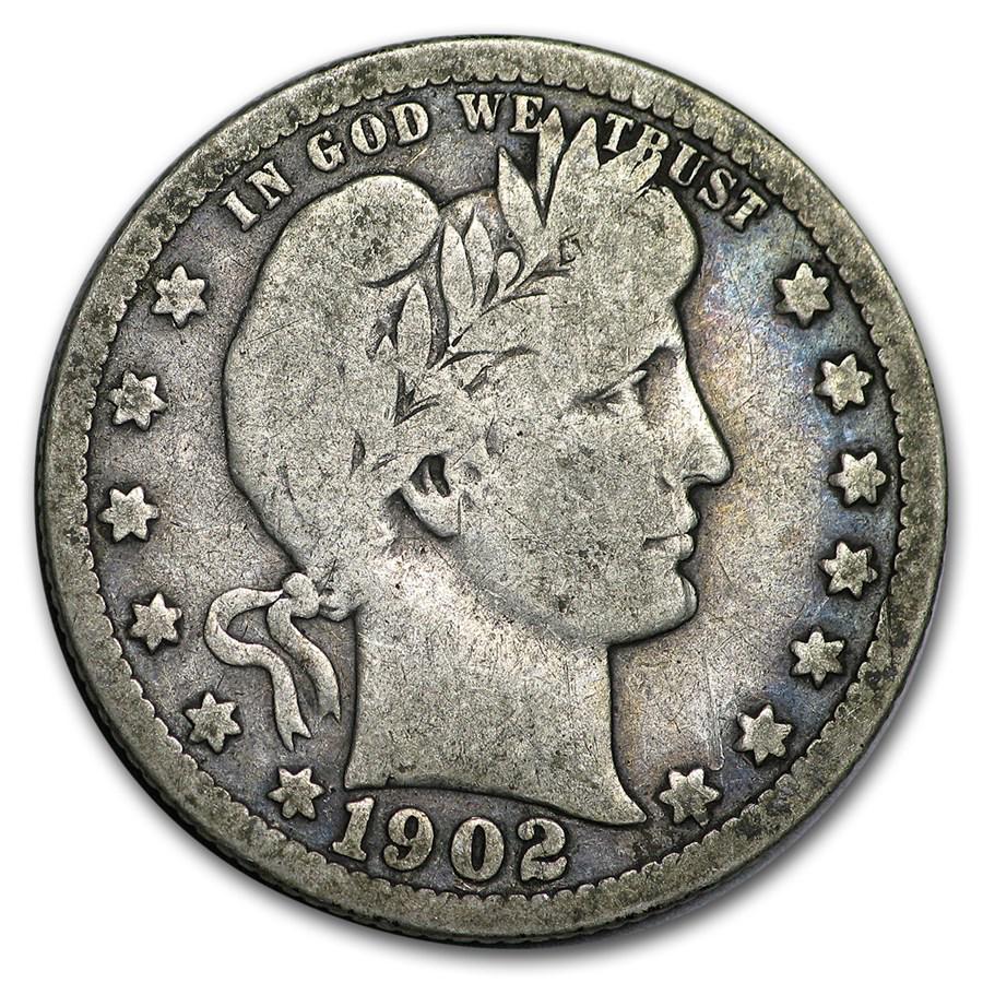 1902-O Barber Quarter VG: 1902-O Barber Quarter VG Product ID: 40568 Year: 1902 Grade: Very Good Grade Service: None Denomination: $0.25 Mint Mark: O - New Orleans Metal Content: 0.1788 troy oz Purity: .9