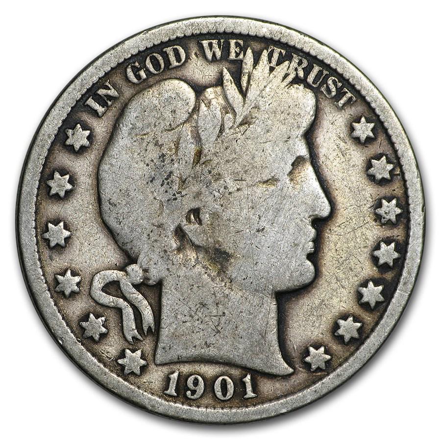 1901 Barber Half Dollar Good: 1901 Barber Half Dollar Good Product ID: 7808 Year: 1901 Grade: Good Grade Service: None Denomination: $0.50 Mint Mark: P - Philadelphia (Not Shown) Metal Content: 0.3575 troy oz