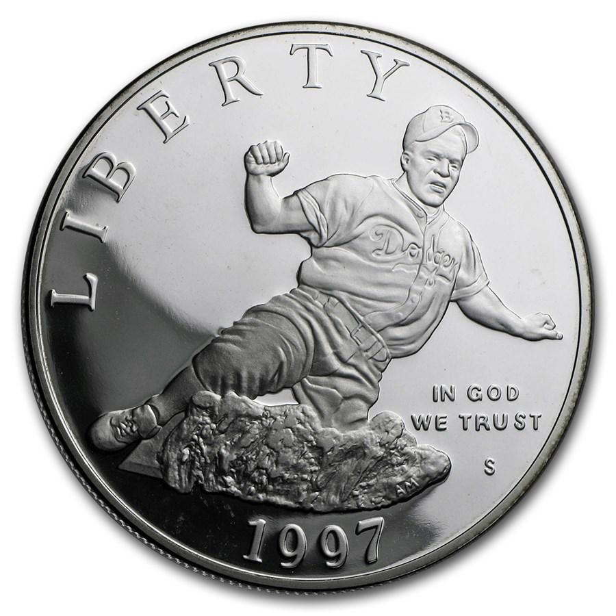 1997-S Jackie Robinson $1 Silver Commem Proof (w/Box & COA): 1997-S Jackie Robinson $1 Silver Commem Proof (w/Box & COA) Product ID: 7037 Year: 1997 Grade: Proof Grade Service: None Denomination: $1.00 Dollar Mint Mark: S - San Francisco Metal Cont