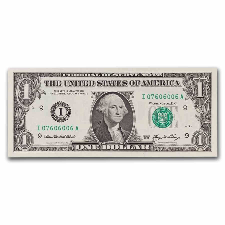 2006 (I-Minneapolis) $1.00 FRN CU (Fr#1933-I): 2006 (I-Minneapolis) $1.00 FRN CU (Fr#1933-I) Product Id: 271855 Year: 2006 Grade: (U) Crisp Unc Grade Service: None Denomination: 1 Dollar Mint Mark: I - Minneapolis Metal Content: 0 tro