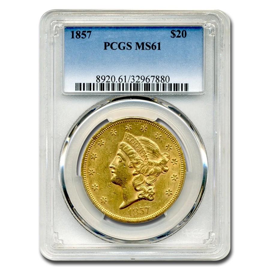 1857 $20 Liberty Gold Double Eagle MS-61 PCGS: 1857 $20 Liberty Gold Double Eagle MS-61 PCGS Product ID: 198008 Year: 1857 Grade Service: PCGS Denomination: 20 Dollars Metal Content: 0.9675 troy oz Purity: .900 Thickness: 2.41 mm
