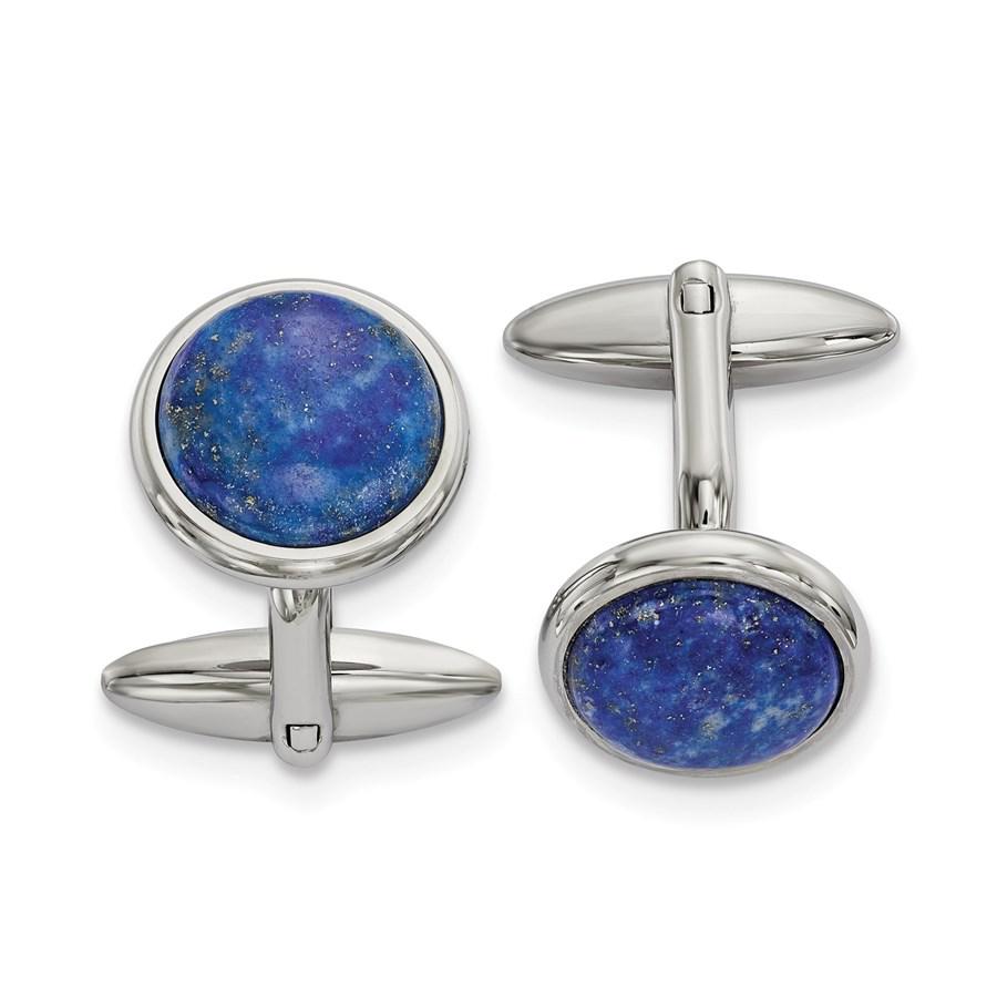 Stainless Steel Polished Lapis Cuff Links: Stainless Steel Polished Lapis Cuff Links Product Id: 183443 Metal: Stainless Steel Finish: Polished Length Of Item: 25.26 mm Stone Color: Blue Charm Element Length: 15.81 mm Charm Elemen