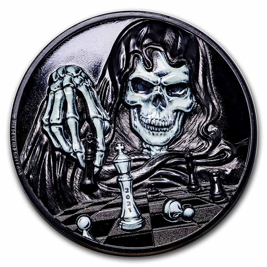 2021 Palau 3 oz Silver You Can't Cheat Death: Dark Checkmate: 2021 Palau 3 oz Silver You Can't Cheat Death: Dark Checkmate Product ID: 254988 Year: 2021 Grade: Proof Grade Service: None Denomination: 20 Dollars Mint Mark: Not Shown Metal Content: 3