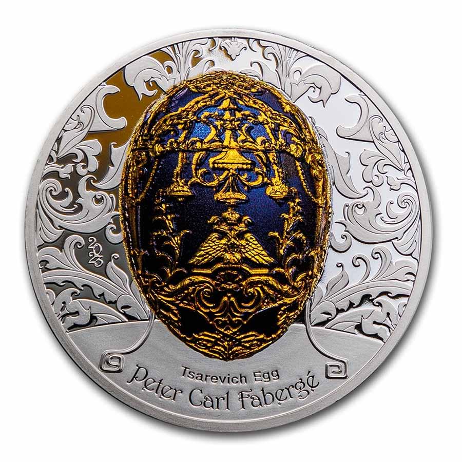 2023 Mongolia 2 oz Silver Peter Carl Faberge Egg; Tsarevich Egg: 2023 Mongolia 2 oz Silver Peter Carl Faberge Egg; Tsarevich Egg Product ID: 268865 Year: 2023 Grade: Proof Grade Service: None Denomination: 1,000 Togrog Mint Mark: Not Shown Metal Conten