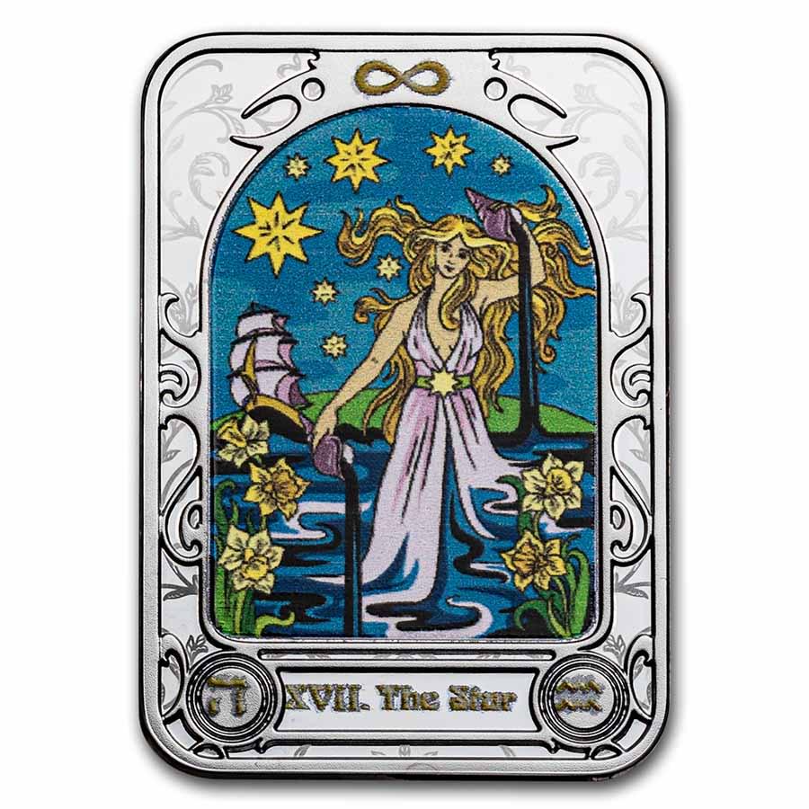 2023 Republic of Cameroon Black Proof Silver Tarot: The Star: 2023 Republic of Cameroon Black Proof Silver Tarot: The Star Product ID: 273338 Year: 2023 Grade: Proof Grade Service: None Denomination: 1,000 Francs Mint Mark: Not Shown Metal Content: