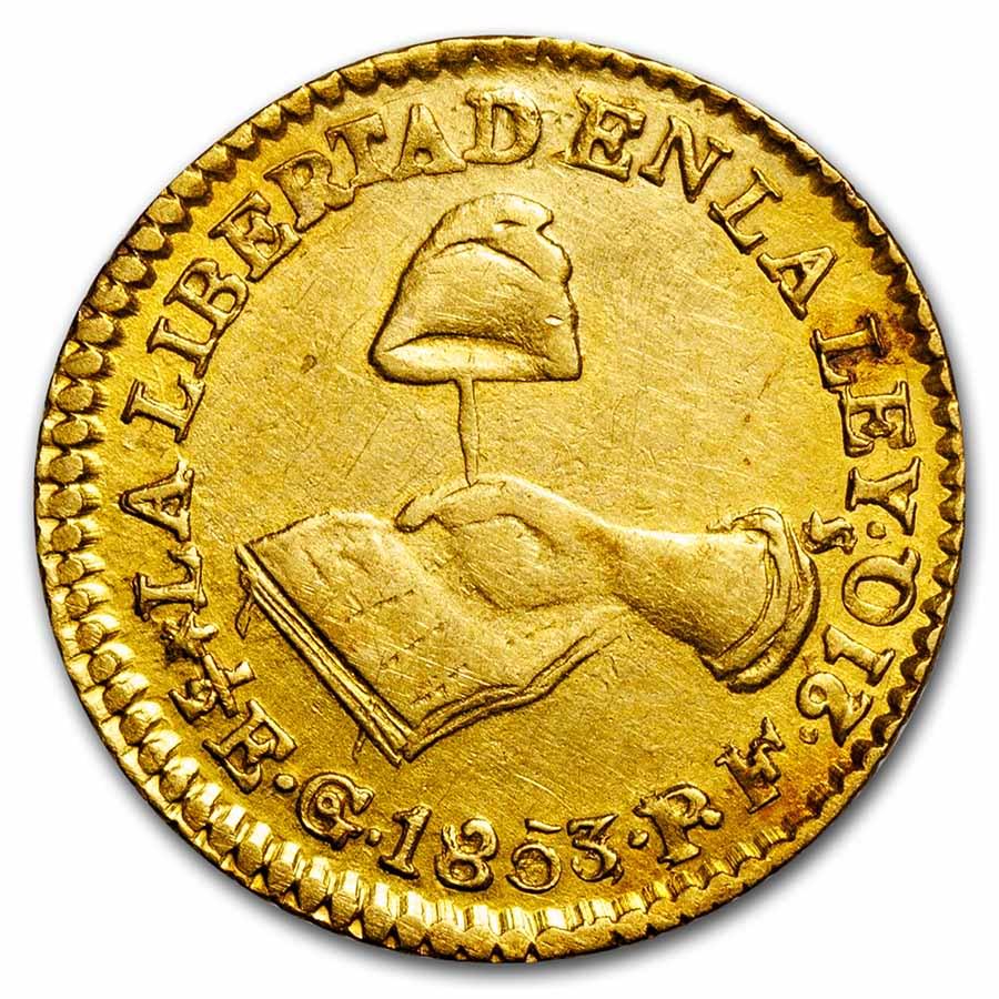 1845-1863-Go Mexico Gold 1/2 Escudo AU: 1845-1863-Go Mexico Gold 1/2 Escudo AU Product ID: 273493 Year: 1845-1863 Grade: Almost Unc Grade Service: None Denomination: 1/2 Escudo Mint Mark: Go - Guanajuato Metal Content: 0.0476 t