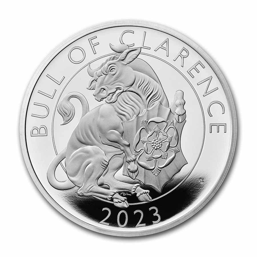 2023 1oz Silver Royal Tudor Beasts Bull of Clarence Prf (Box/COA): 2023 1oz Silver Royal Tudor Beasts Bull of Clarence Prf (Box/COA) Product ID: 272850 Year: 2023 Grade: Proof Grade Service: None Denomination: 2 Pounds Mint Mark: Not Shown Metal Content: