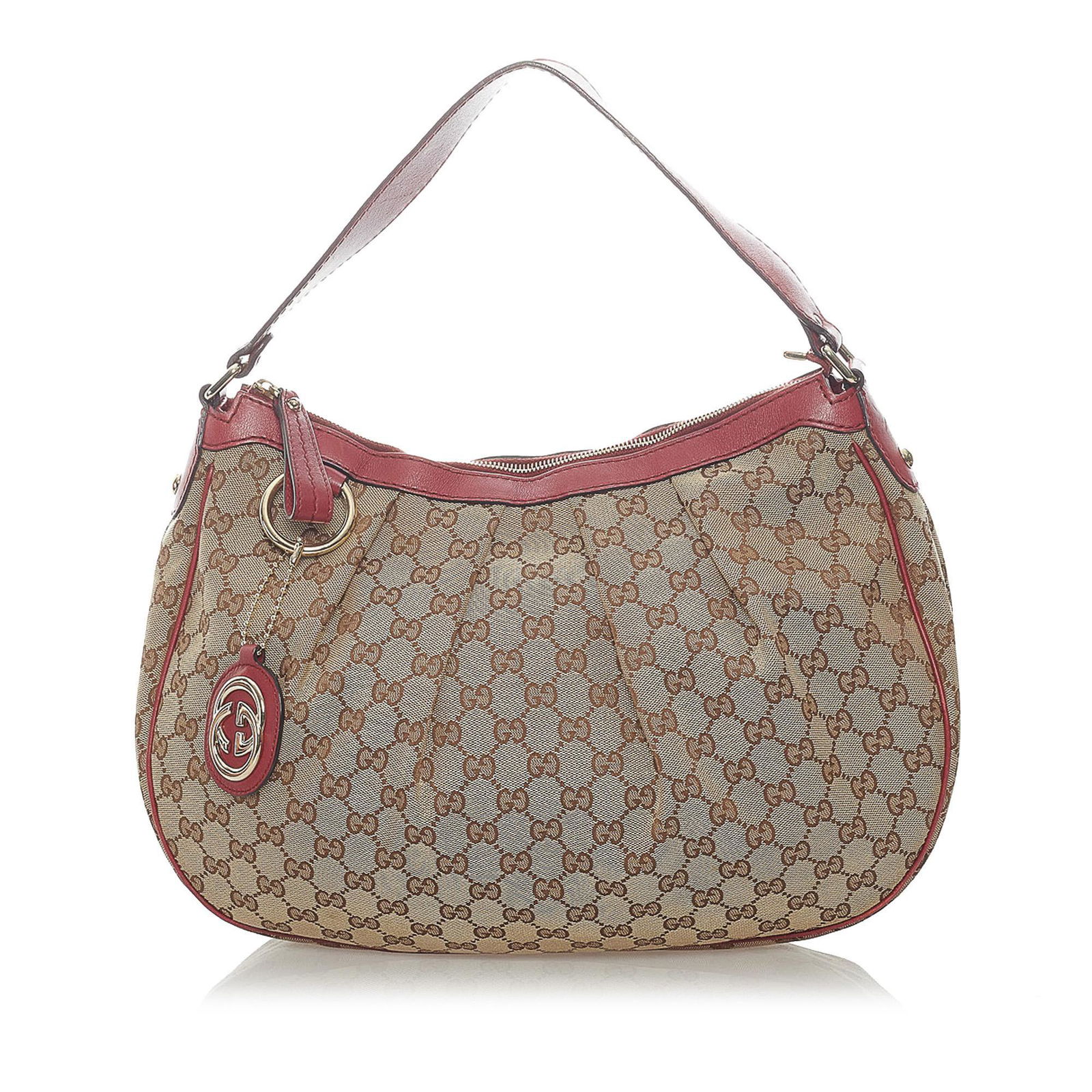 Gucci GG Canvas Sukey Shoulder Bag: Gucci GG Canvas Sukey Shoulder Bag Condition Quality: Fair Color: Brown/Red Height: 11.25 in. Length: 13 in. Material: Canvas Width: 3.75 in. Item Condition: Pre Owned SKU: SHG-3