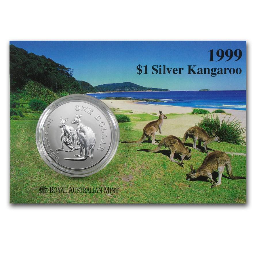 1999 Australia 1 oz Silver Kangaroo (In Display Card): 1999 Australia 1 oz Silver Kangaroo (In Display Card) Product ID: 14879 Year: 1999 Grade: Brilliant Unc Grade Service: Assay Card Denomination: $1.00 Dollar Mint Mark: C - Canberra Metal