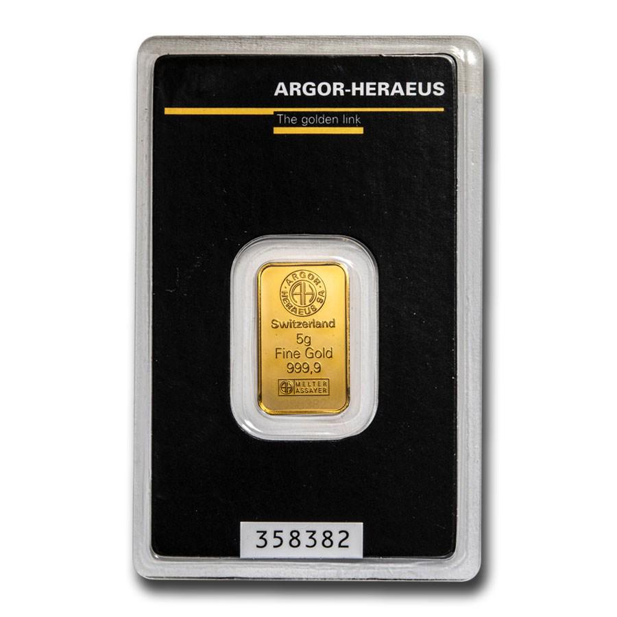 5 gram Gold Bar - Argor-Heraeus (In Assay): 5 gram Gold Bar - Argor-Heraeus (In Assay) RBJ no: 96054 Year: N/A Grade: None Grade Service: Assay Card Denomination: 5 grams Mint Mark: N/A - Not Available Metal Content: 0.1607 troy oz
