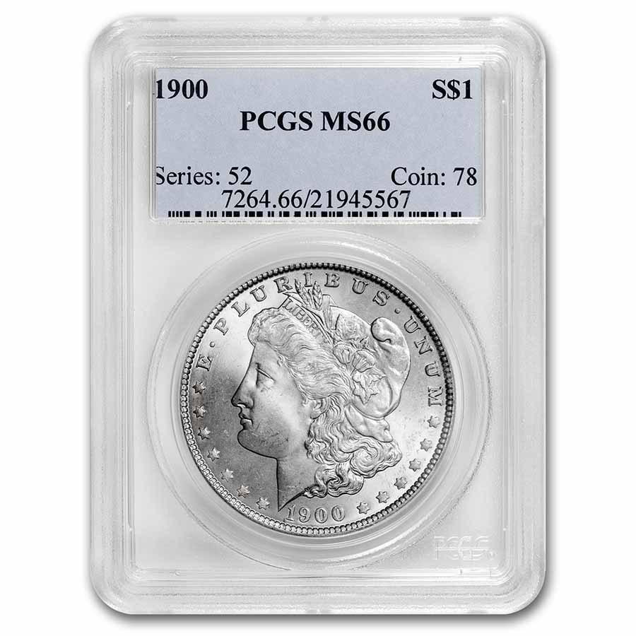1900 Morgan Dollar MS-66 PCGS: 1900 Morgan Dollar MS-66 PCGS RBJ no: 22560 Year: 1900 Grade Service: PCGS Denomination: $1.00 Metal Content: 0.7734 troy oz Purity: .900 Thickness: 3.1 mm Diameter: 38.1 mm