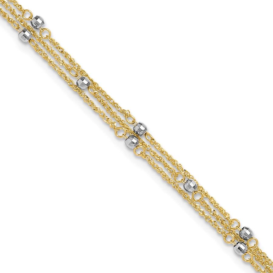 14K Two-tone Triple Strand Anklet - 11 in.: 14K Two-tone Triple Strand Anklet - 11 in. RBJ no: 265439 Metal: Gold Purity: 14K Finish: Polished Length Of Item: 11 in Chain Length: 10 in Chain Width: 6 mm Clasp/Connector: Sp