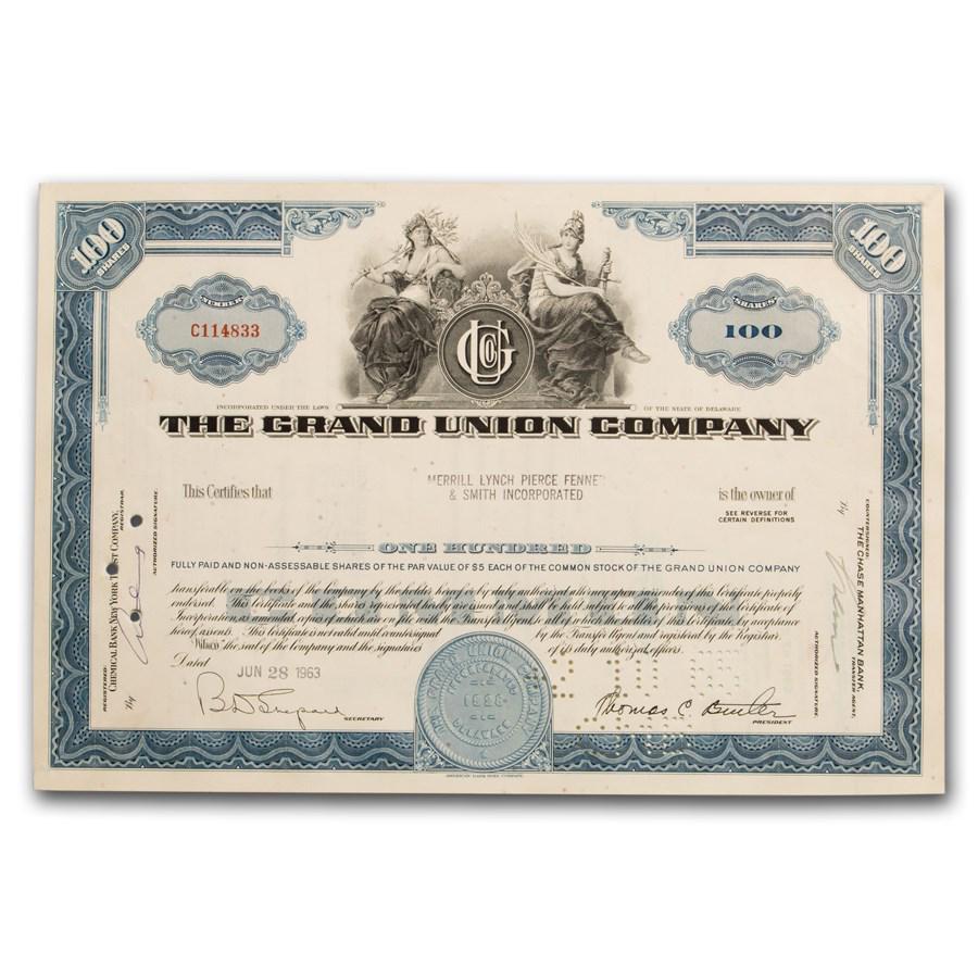 The Grand Union Company Stock Certificate 1st Style (Blue): The Grand Union Company Stock Certificate 1st Style (Blue) SKU: 54608 Year: 1960-70s Grade: None Grade Service: None Denomination: N/A Mint Mark: N/A - Not Available Metal Content: 0 troy