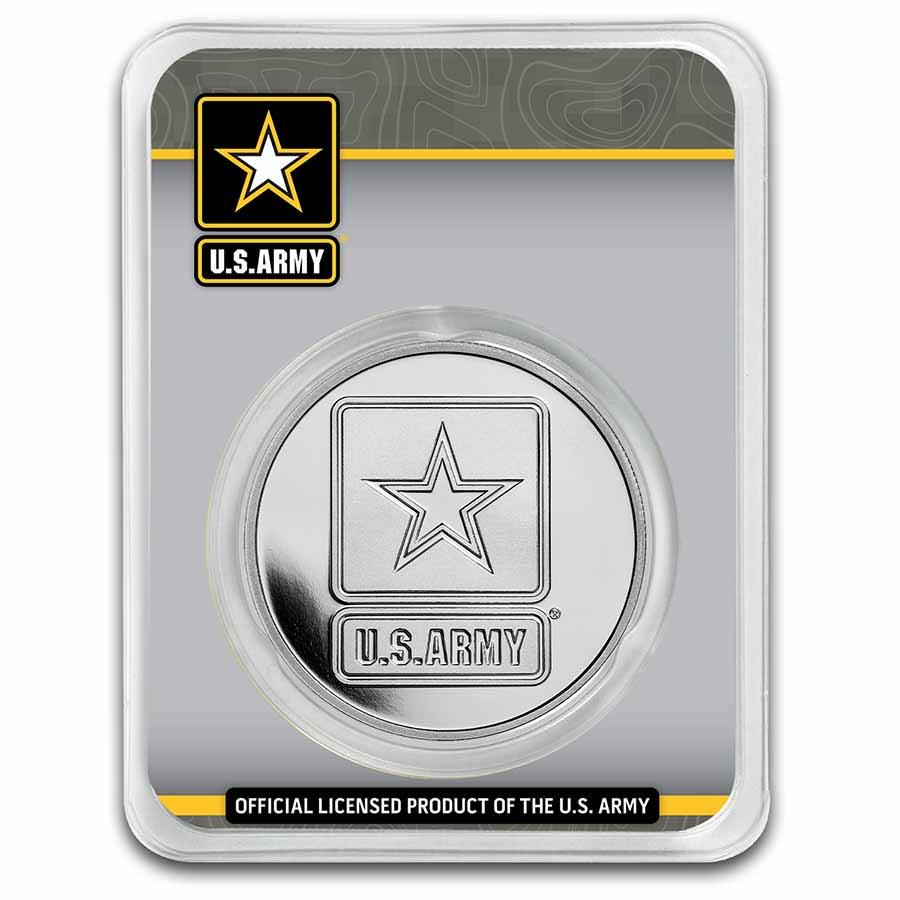 1 oz Silver Round - U.S. Army Logo (In TEP): 1 oz Silver Round - U.S. Army Logo (In TEP) SKU: 272649 Year: N/A Grade: None Grade Service: None Mint Mark: N/A - Not Available Metal Content: 1 troy oz Purity: .999 Thickness: