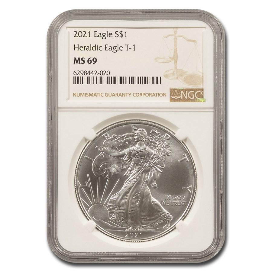 2021 American Silver Eagle (Type 1) MS-69 NGC: 2021 American Silver Eagle (Type 1) MS-69 NGC SKU: 221618 Year: 2021 Grade: MS-69 Grade Service: NGC Denomination: 1 Dollar Mint Mark: W - West Point (Not Shown) Metal Content: 1 troy oz