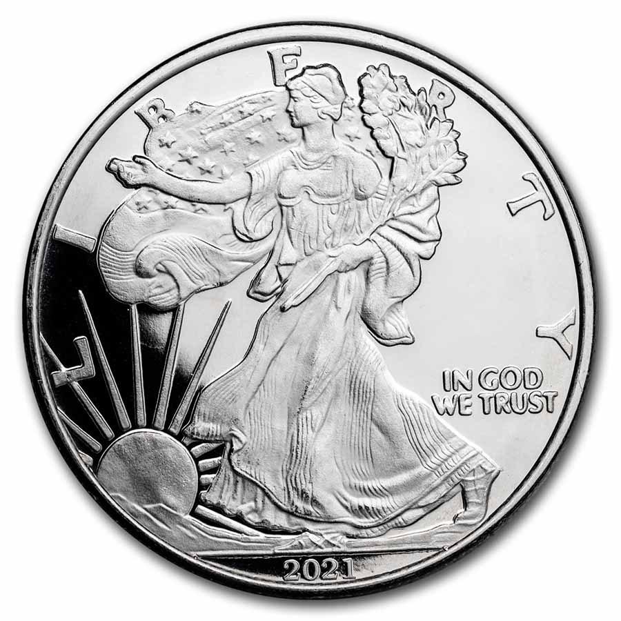 1 oz Silver Round - American Eagle (New Design): 1 oz Silver Round - American Eagle (New Design) SKU: 226318 Year: N/A Grade: None Grade Service: None Mint Mark: N/A - Not Available Metal Content: 1 troy oz Purity: .999 Thickne