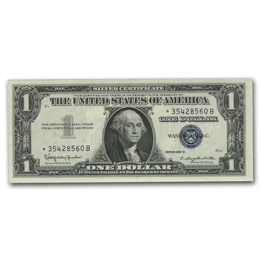 1957-B* $1.00 Silver Certificate CU (Fr#1621*) Star Note: 1957-B* $1.00 Silver Certificate CU (Fr#1621*) Star Note SKU: 15169 Year: 1957 Grade: (U) Crisp Unc Grade Service: None Denomination: 1 Dollar Mint Mark: N/A - Not Available Metal Content
