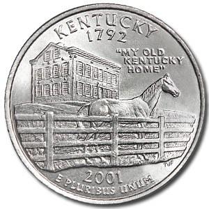 2001-P Kentucky State Quarter BU: 2001-P Kentucky State Quarter BU SKU: 5252 Year: 2001 Grade: Brilliant Unc Grade Service: None Denomination: 25 Cents Mint Mark: P - Philadelphia Metal Content: 0 troy oz Purity: