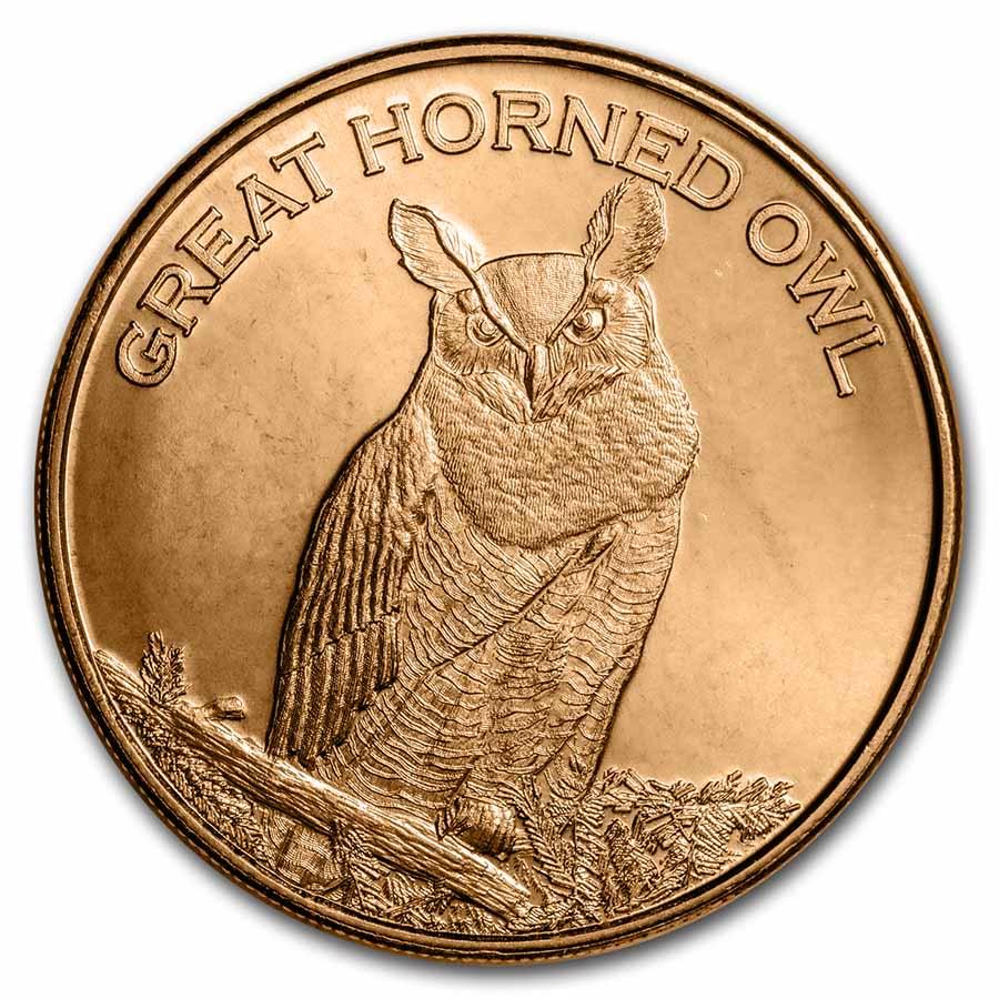 1 oz Copper Round - Great Horned Owl: 1 oz Copper Round - Great Horned Owl SKU: 235503 Year: N/A Grade: None Grade Service: None Mint Mark: None Metal Content: 1 AVDP oz Purity: .999 Thickness: 3.3 mm Diamet