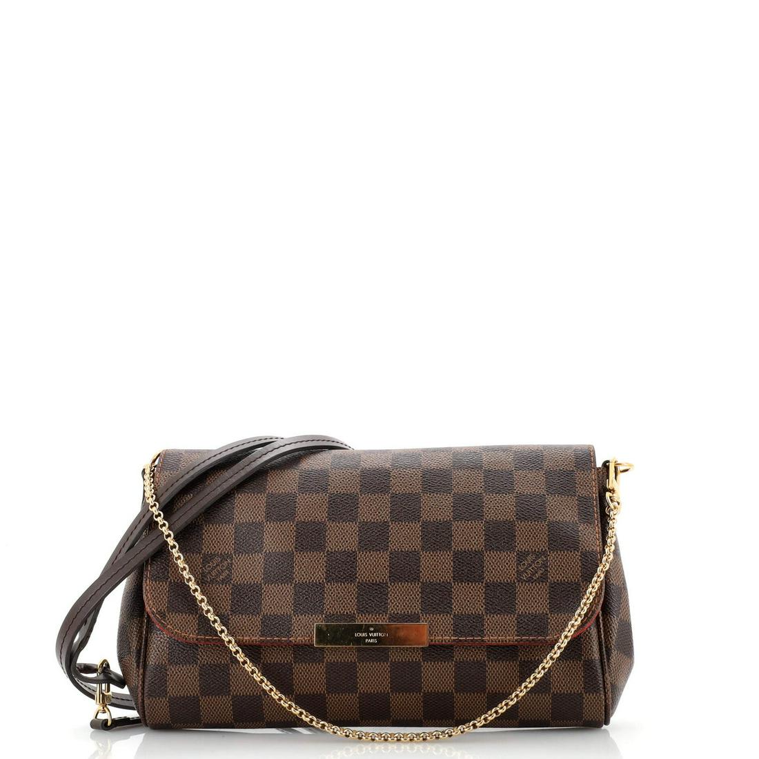 Louis Vuitton Favorite Handbag Damier MM: Louis Vuitton Favorite Handbag Damier MM Exterior Color: Brown Interior Color: Red Exterior Material: Canvas Coated Interior Material: Fabric Hardware Color: Gold Accessories: No Accessories, Deta