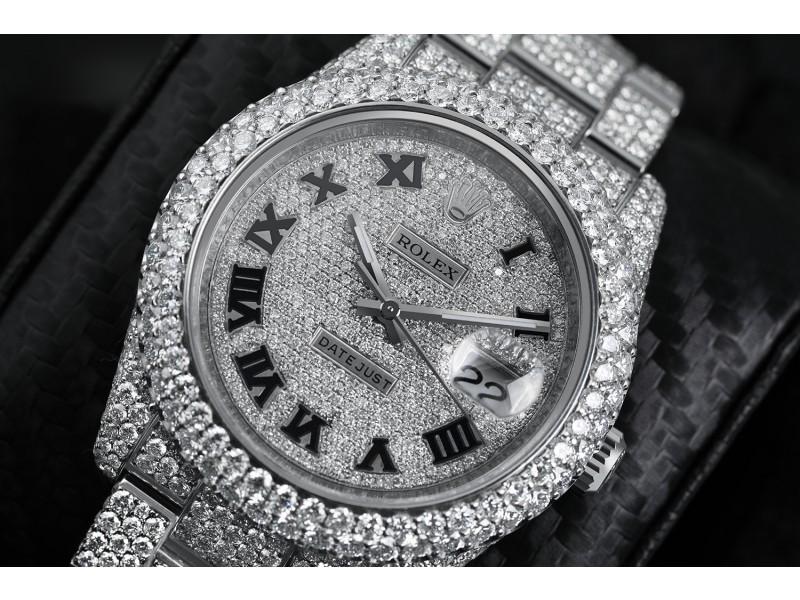 Rolex Datejust 36mm Stainless Steel Black Roman Pave Diamond Dial Fully Iced Out Watch: Rolex Datejust 36mm Stainless Steel Black Roman Pave Diamond Dial Fully Iced Out Watch RBJ no: DR549-E21A8 Brand: Rolex Condition: Pre-Owned