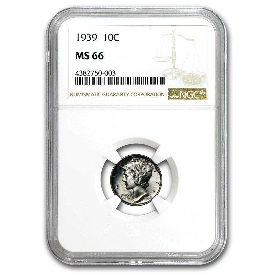 1939 Mercury Dime MS-66 NGC: 1939 Mercury Dime MS-66 NGC RBJ no: 98247 Year: 1939 Grade Service: NGC Denomination: $0.10 Metal Content: 0.0723 troy oz Purity: .900 Thickness: 1.35 mm Diameter: 17.9 mm