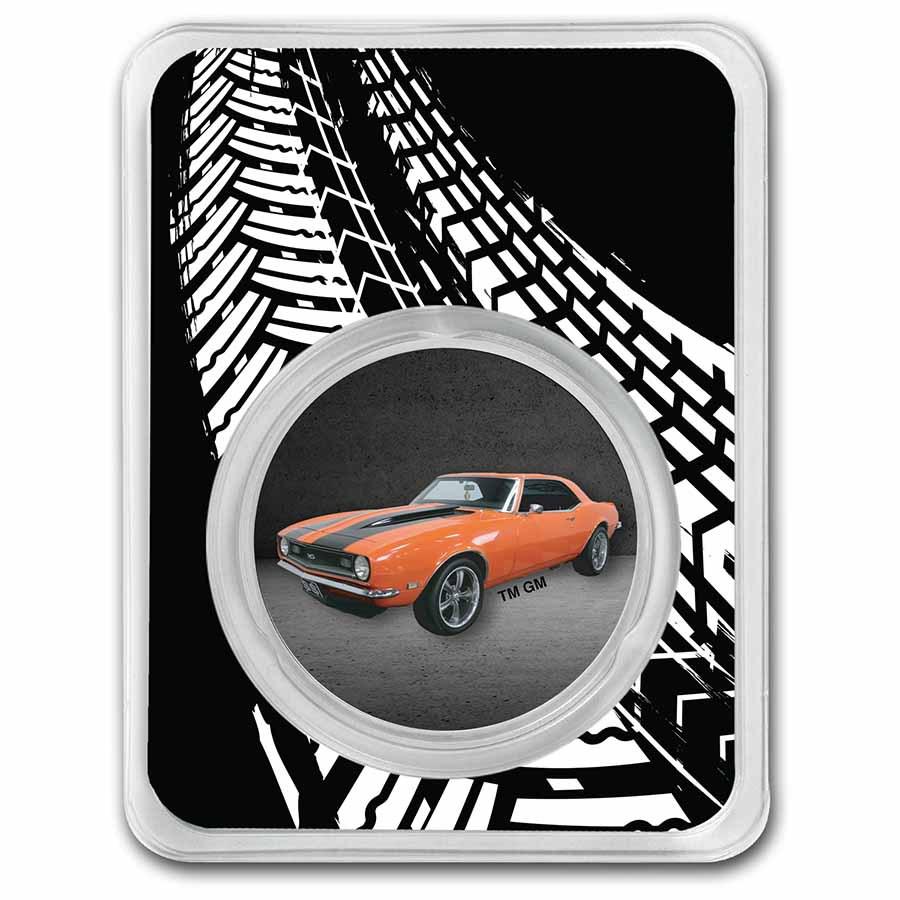 Chevrolet Camaro 1 oz Colorized Silver (in TEP): Chevrolet Camaro 1 oz Colorized Silver (in TEP) RBJ no: 249933 Year: N/A Grade: None Grade Service: None Mint Mark: N/A - Not Available Metal Content: 1 troy oz Purity: .999 Diam