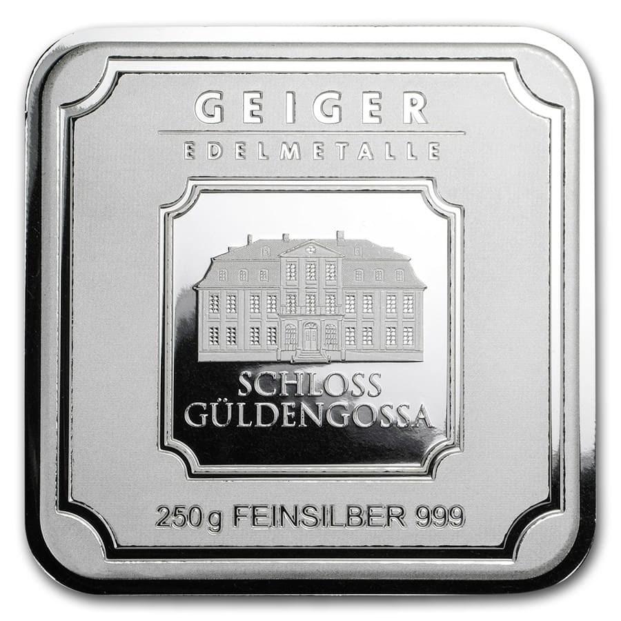 250 gram Silver Bar - Geiger Edelmetalle (Original Square Series): 250 gram Silver Bar - Geiger Edelmetalle (Original Square Series) SKU: 155913 Grade: None Grade Service: None Mint Mark: N/A - Not Available Metal Content: 8.0375 troy oz Purity: .999 Thi