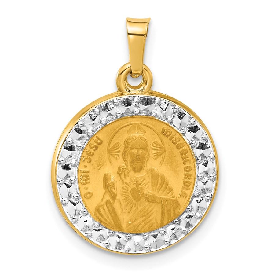 14K Yellow & Rhodium Sacred Heart of Jesus Medal - 22.8 mm: 14K Yellow & Rhodium Sacred Heart of Jesus Medal - 22.8 mm SKU: 267435 Metal: Gold Purity: 14K Finish: Brushed Length Of Item: 22.8 mm Charm Element Length: 16.4 mm Charm Element Width: 1