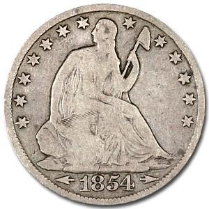 1854-O Liberty Seated Half Dollar w/Arrows Good: 1854-O Liberty Seated Half Dollar w/Arrows Good Product ID: 14833 Year: 1854 Grade: Good Grade Service: None Denomination: $0.50 Mint Mark: O - New Orleans Metal Content: 0.3599 troy oz <