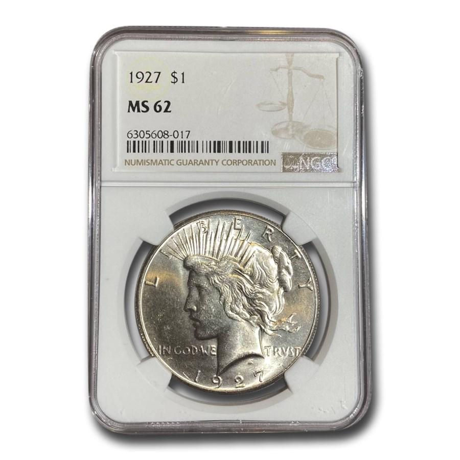 1927 Peace Dollar MS-62 NGC: 1927 Peace Dollar MS-62 NGC Product ID: 11589 Year: 1927 Grade Service: NGC Denomination: $1.00 Metal Content: 0.7734 troy oz Purity: .900 Thickness: 3.1 mm Diameter: 38.1 mm
