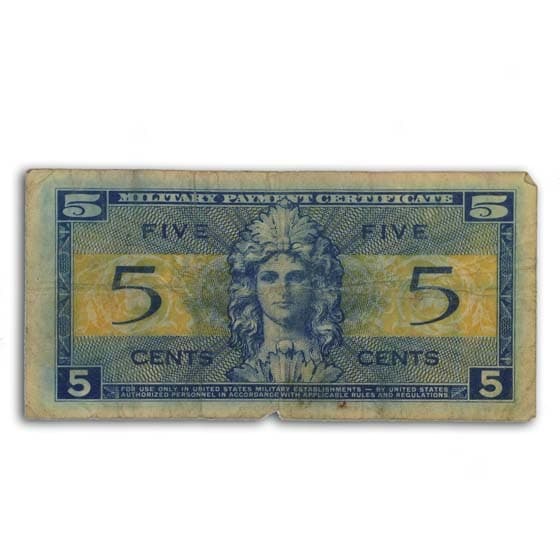 MPC Series 521 5 Cents Avg Circ: MPC Series 521 5 Cents Avg Circ RBJ no: 188664 Year: Random Grade: Average Circulated Grade Service: None Denomination: 5 Cents Mint Mark: N/A - Not Available Metal Content: 0 troy oz <br