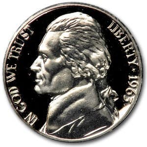 1963 Jefferson Nickel Gem Proof: 1963 Jefferson Nickel Gem Proof RBJ no: 6683 Year: 1963 Grade: Gem Proof Grade Service: None Denomination: 5 Cents Mint Mark: P - Philadelphia (Not Shown) Metal Content: 0 troy oz