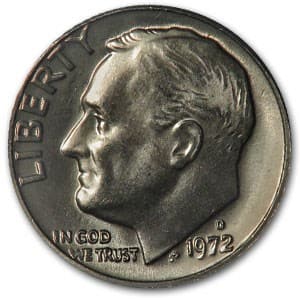 1972-D Roosevelt Dime BU: 1972-D Roosevelt Dime BU RBJ no: 6201 Year: 1972 Grade: Brilliant Unc Grade Service: None Denomination: 10 Cents Mint Mark: D - Denver Metal Content: 0 troy oz Purity: N/A