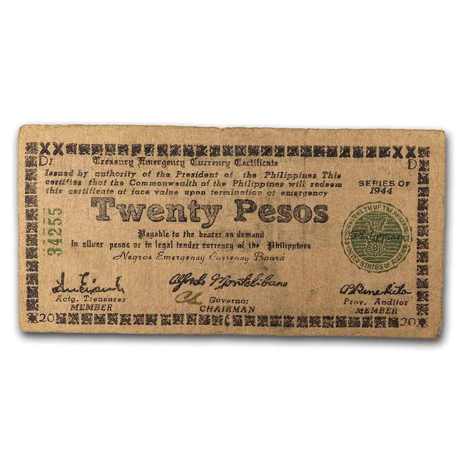 1944 Philippines Guerilla Currency 20 Pesos Note VF: 1944 Philippines Guerilla Currency 20 Pesos Note VF RBJ no: 230218 Year: 1944 Grade: Very Fine Grade Service: None Denomination: 20 Pesos Mint Mark: N/A - Not Available Metal Content: 0 t