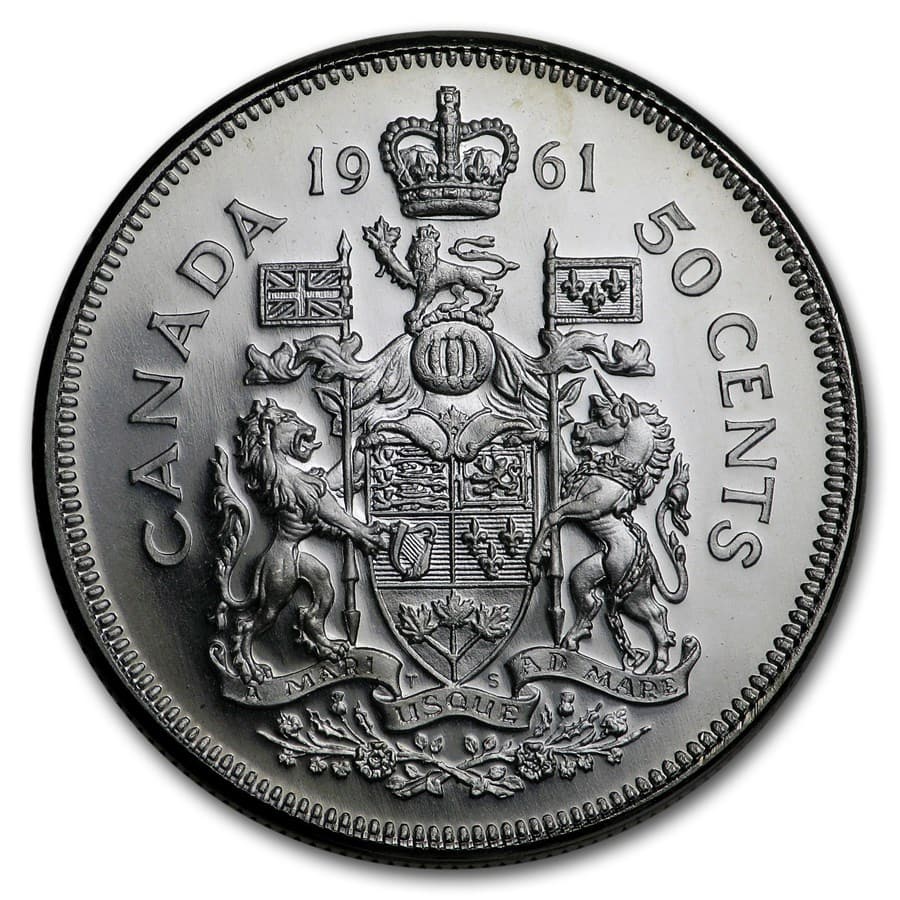 1961 Canada Silver 50 Cents Elizabeth II BU/Prooflike: 1961 Canada Silver 50 Cents Elizabeth II BU/Prooflike RBJ no: 178326 Year: 1961 Grade: BU &/or Proof Grade Service: None Denomination: 50 Cents Mint Mark: RCM (Not Shown) Metal Content: 0