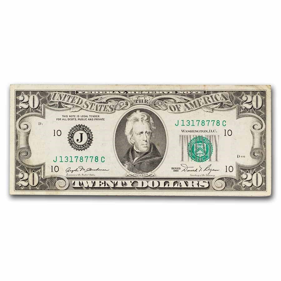1981 (J-Kansas City) $20 FRN VF (Fr#2073-J): 1981 (J-Kansas City) $20 FRN VF (Fr#2073-J) RBJ no: 263017 Year: 1981 Grade: Very Fine Grade Service: None Denomination: 20 Dollars Mint Mark: J - Kansas City Metal Content: 0 troy oz