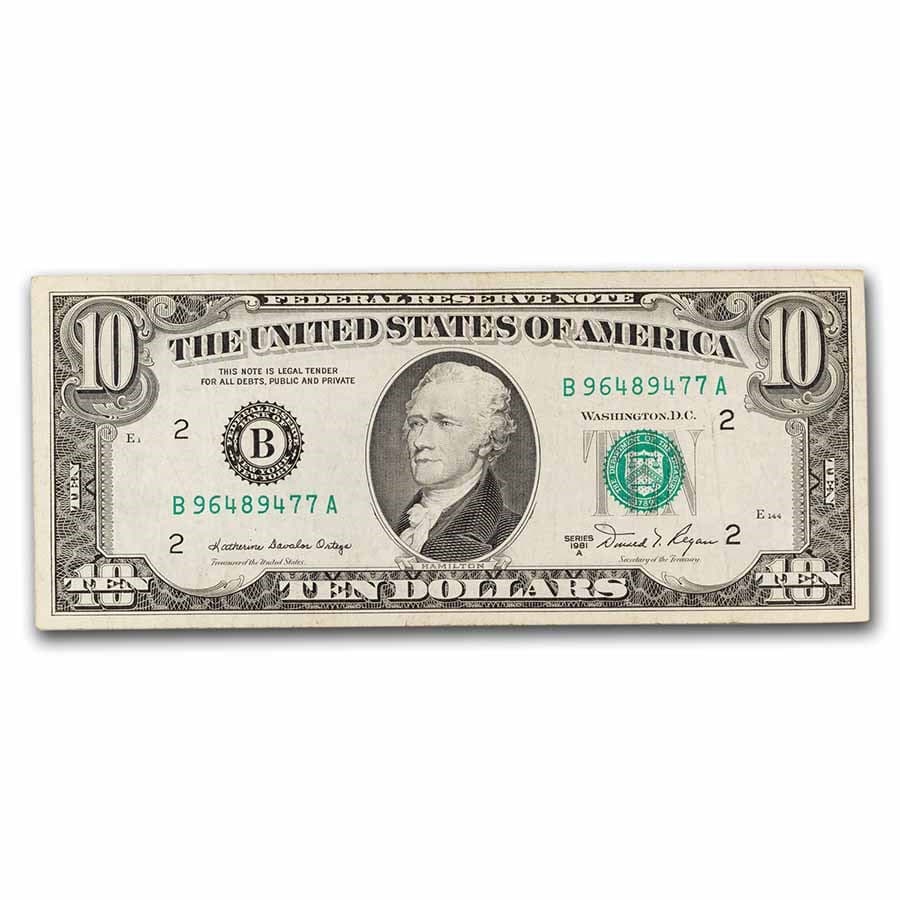 1981-A (G-Chicago) $10 FRN VF (Fr#2026-G): 1981-A (G-Chicago) $10 FRN VF (Fr#2026-G) RBJ no: 271092 Year: 1981 Grade: Very Fine Grade Service: None Denomination: 10 Dollars Mint Mark: B - New York Metal Content: 0 troy oz