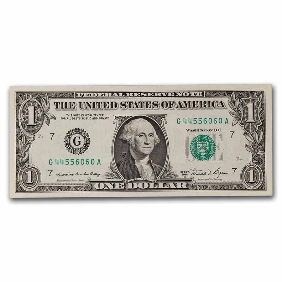 1981-A (G-Chicago) $1.00 FRN CU (Fr#1912-G): 1981-A (G-Chicago) $1.00 FRN CU (Fr#1912-G) RBJ no: 18215 Year: 1981 Grade: (U) Crisp Unc Grade Service: None Denomination: 1 Dollar Mint Mark: G - Chicago Metal Content: 0 troy oz
