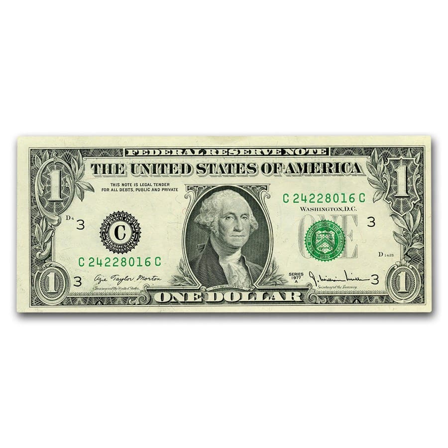 1977-A (C-Philadelphia) $1.00 FRN CU (Fr#1910-C): 1977-A (C-Philadelphia) $1.00 FRN CU (Fr#1910-C) RBJ no: 18187 Year: 1977 Grade: (U) Crisp Unc Grade Service: None Denomination: 1 Dollar Mint Mark: C - Philadelphia Metal Content: 0 troy