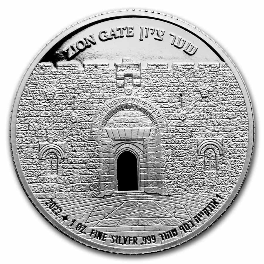 2022 Israel 1 oz Silver Proof - Gates of Jerusalem (Zion Gate): 2022 Israel 1 oz Silver Proof - Gates of Jerusalem (Zion Gate) RBJ no: 249254 Year: 2022 Grade: None Grade Service: None Mint Mark: Holy Land Mint Metal Content: 1 troy oz Purity: .999