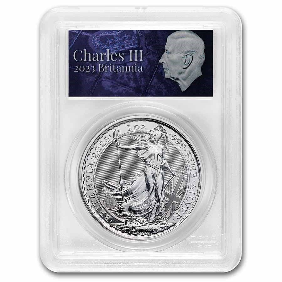 2023 GB 1 oz Silver Britannia PCGS GEM BU FS (King Label): 2023 GB 1 oz Silver Britannia PCGS GEM BU FS (King Label) RBJ no: 271017 Year: 2023 Grade: Gem Brilliant Unc Grade Service: PCGS Denomination: 2 Pounds Mint Mark: Not Shown Metal Content: