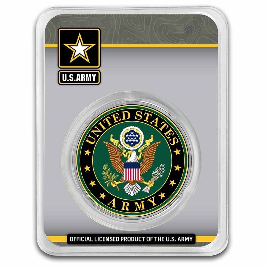 1 oz Silver Colorized Round - U.S. Army Seal (In TEP): 1 oz Silver Colorized Round - U.S. Army Seal (In TEP) RBJ no: 269179 Grade: None Grade Service: None Mint Mark: N/A - Not Available Metal Content: 1 troy oz Purity: .999 Thickness: 2.87 m