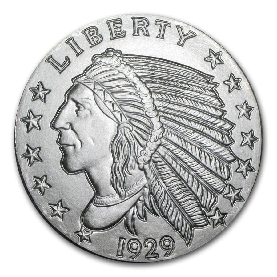 5 oz Silver Round - Incuse Indian: 5 oz Silver Round - Incuse Indian RBJ no: 57094 Year: N/A Grade: None Grade Service: None Denomination: 5 oz Mint Mark: N/A - Not Available Metal Content: 5 troy oz Purity: .999