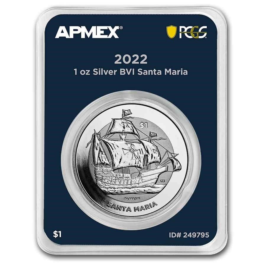 2022 BVI 1 oz Silver Santa Maria (MD Premier + PCGS FS): 2022 BVI 1 oz Silver Santa Maria (MD Premier + PCGS FS) RBJ no: 249795 Year: 2022 Grade: Brilliant Unc Grade Service: MintDirect Denomination: 1 Dolkar Mint Mark: PM - Pobjoy Mint Metal C
