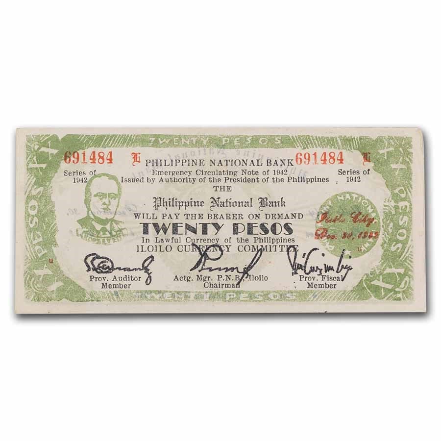 FDR Philippines Guerilla Currency 20 Pesos Banknote: FDR Philippines Guerilla Currency 20 Pesos Banknote RBJ no: 246833 Year: 1942 Grade: Average Circulated Grade Service: Other Denomination: 20 Pesos Mint Mark: N/A - Not Available Metal Co