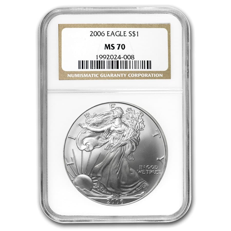 2006 American Silver Eagle MS-70 NGC: 2006 American Silver Eagle MS-70 NGC RBJ no: 13437 Year: 2006 Grade Service: NGC Denomination: 1 Dollar Metal Content: 1 troy oz Purity: .999 Thickness: 2.98 mm Diameter: 40.6 mm