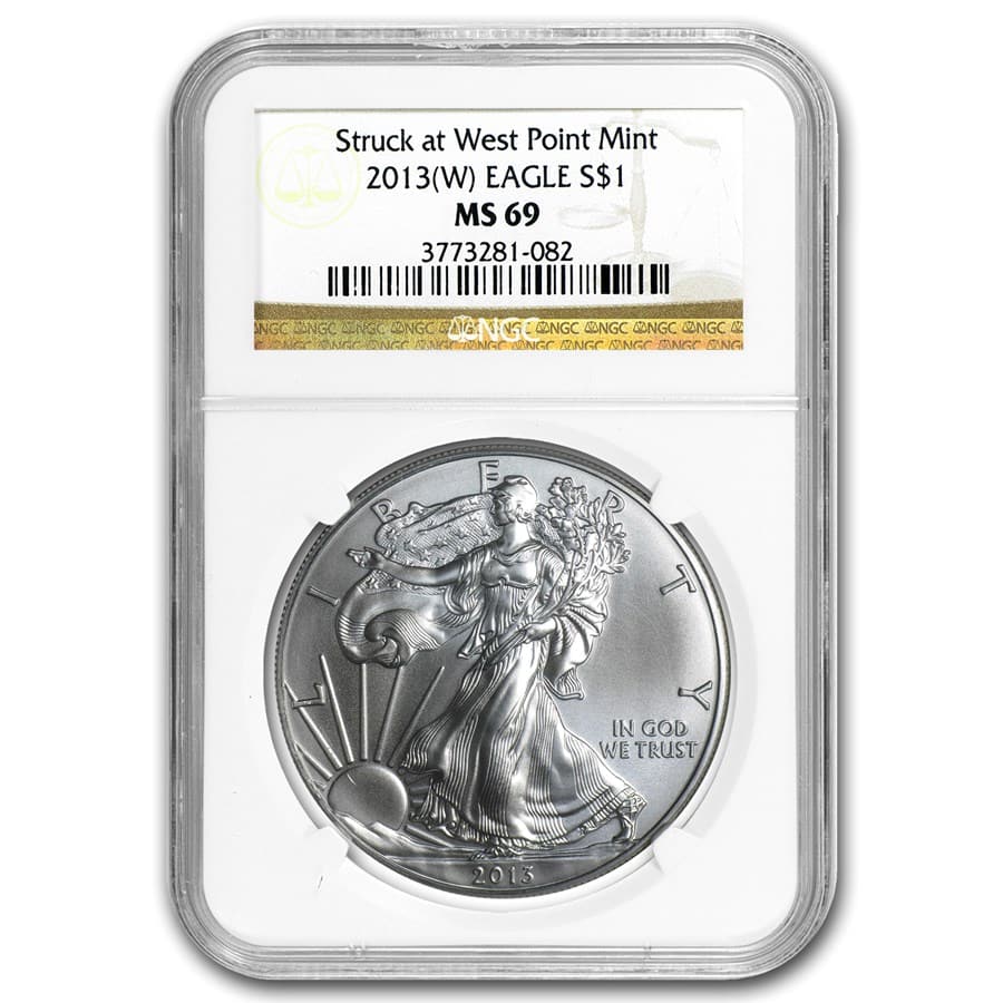 2013 (W) American Silver Eagle MS-69 NGC: 2013 (W) American Silver Eagle MS-69 NGC RBJ no: 91672 Year: 2013 Grade Service: NGC Denomination: $1.00 Dollar Metal Content: 1 troy oz Purity: .999 Thickness: 2.98 mm Diameter: